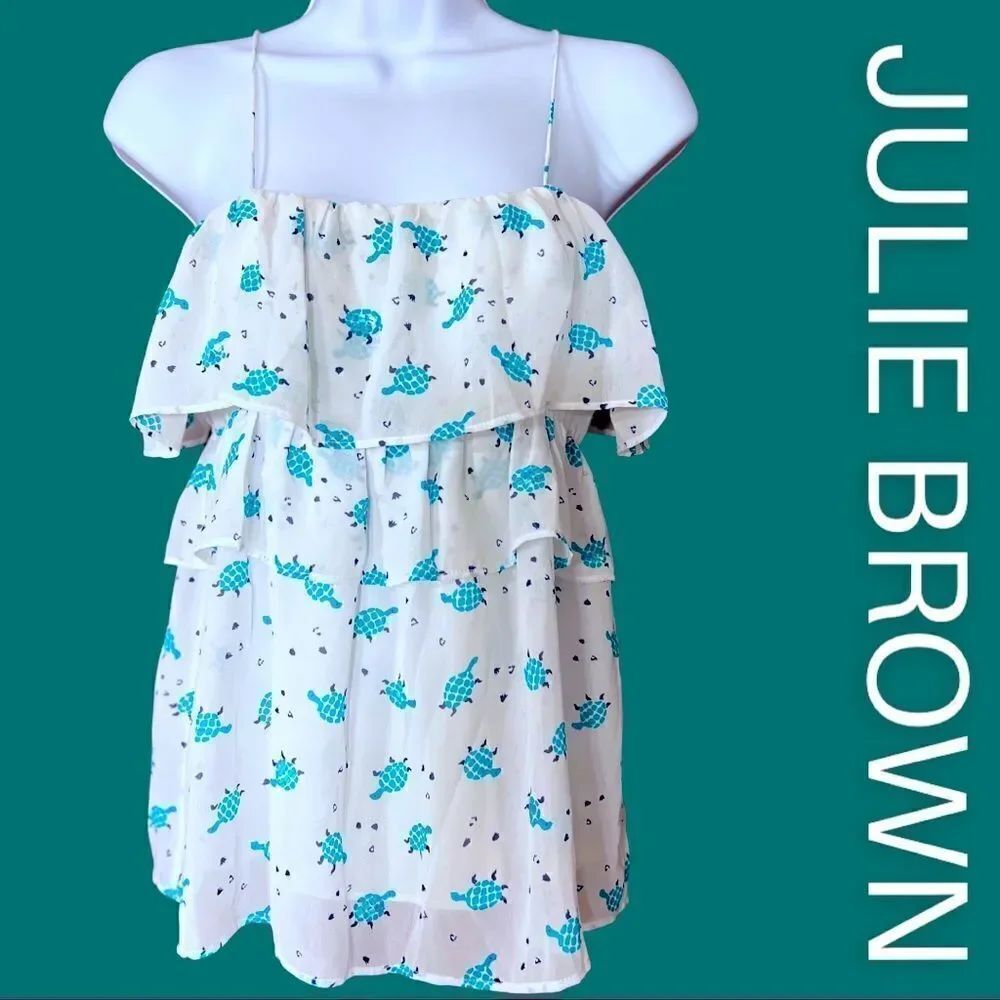 Julie Brown Pretty White & Green Turtles Tiered Spaghetti Strap Top
